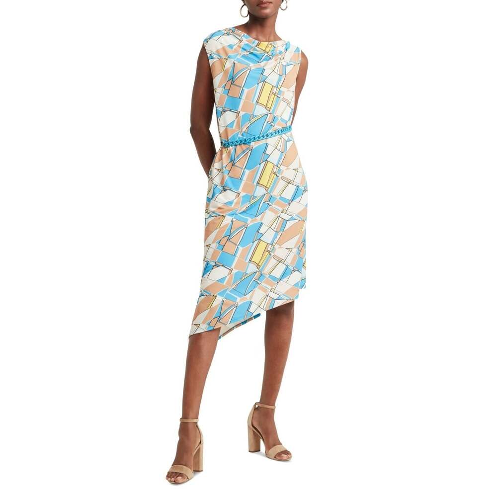 H Halston Women's Asymmetrical Sleeveless Dress with Chain-Belt Size S